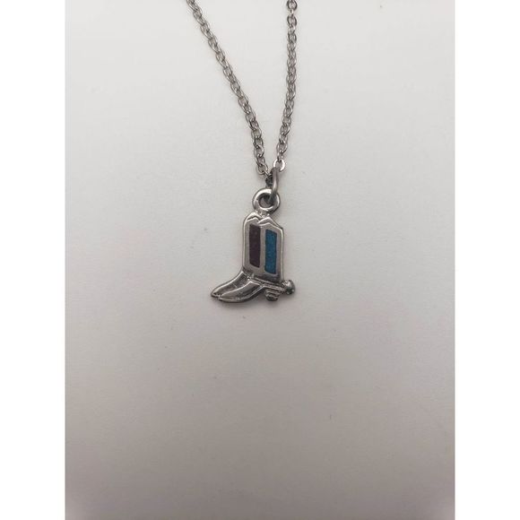 Silver-tone, Turquoise and Red Cowboy Boot Necklace and Earrings Set - 16" inche - Picture 4 of 5